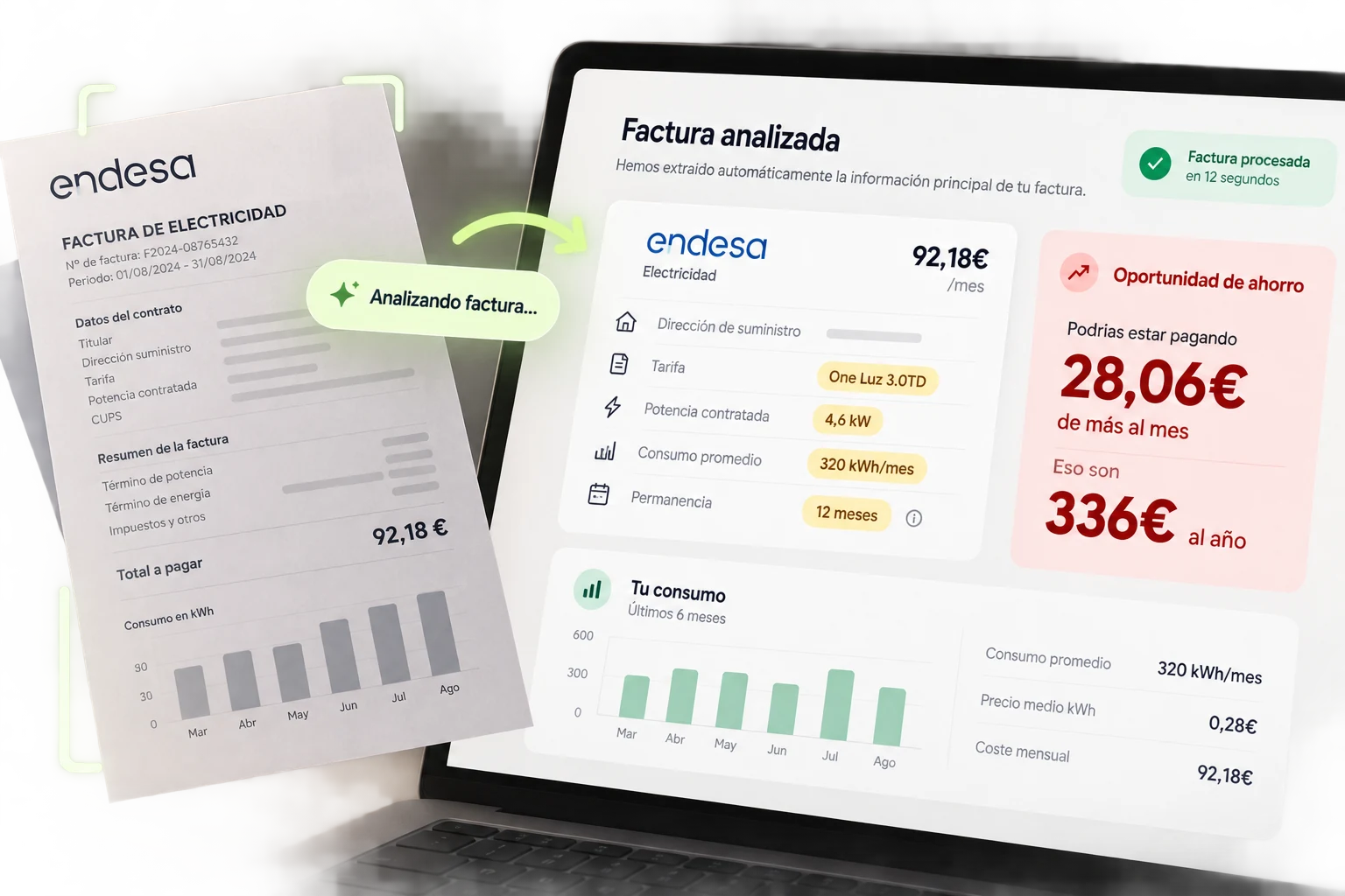 Ejemplo ilustrativo de lectura de una factura de electricidad y detección de un posible ahorro